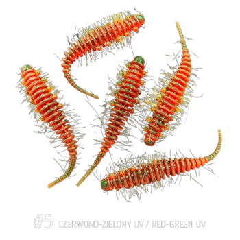 Fish Bay Robak WORM Hairy 4,5cm - kolor 5 zielono-czerwony motor oil UV 5szt.