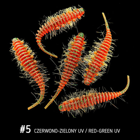 Fish Bay Robak WORM Hairy 4,5cm - kolor 5 zielono-czerwony motor oil UV 5szt.